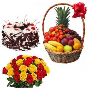 Cake with Mixed Roses n Fruit Basket